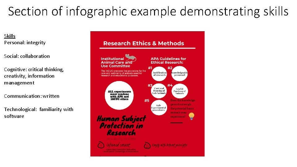 Section of infographic example demonstrating skills Skills Personal: integrity Social: collaboration Cognitive: critical thinking,