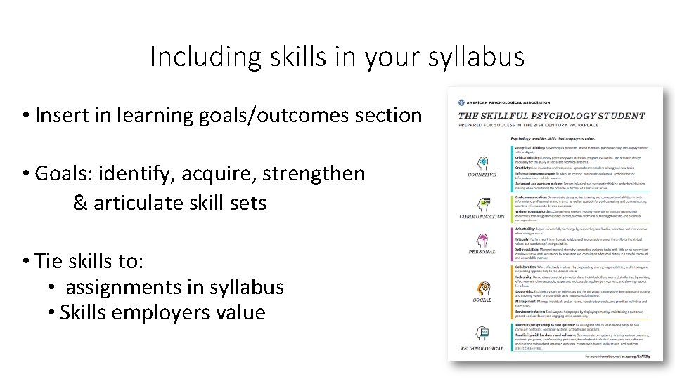 Including skills in your syllabus • Insert in learning goals/outcomes section • Goals: identify,
