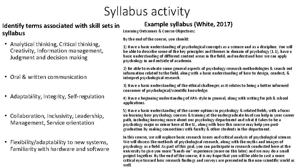 Syllabus activity Example syllabus (White, 2017) Identify terms associated with skill sets in Learning