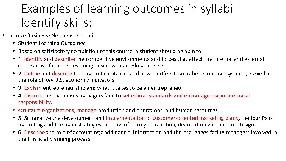 Examples of learning outcomes in syllabi Identify skills: • Intro to Business (Northeastern Univ)