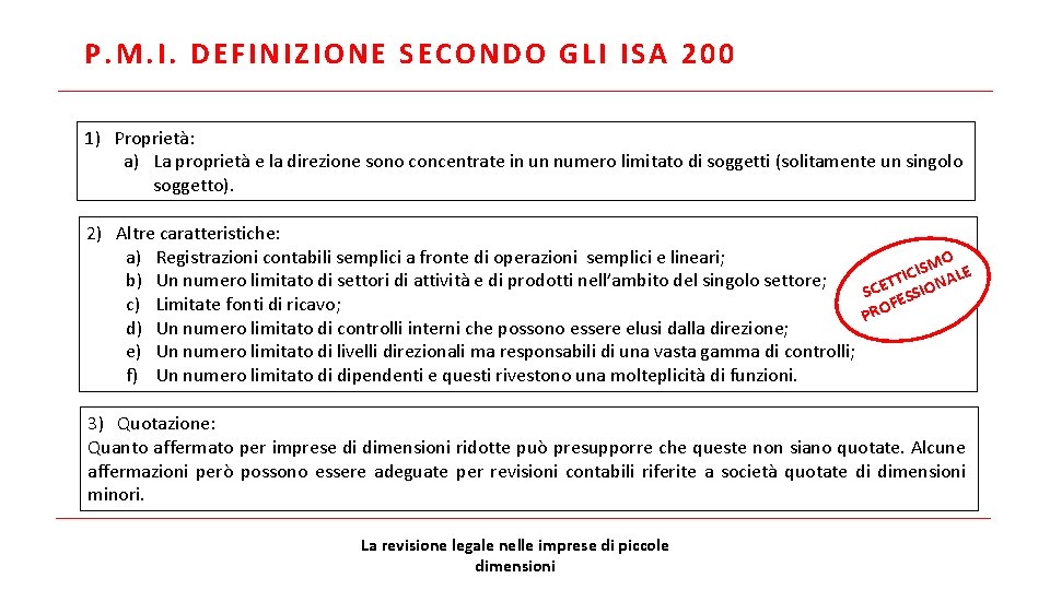 P. M. I. DEFINIZIONE SECONDO GLI ISA 200 1) Proprietà: a) La proprietà e