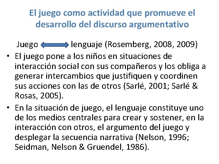 El juego como actividad que promueve el desarrollo del discurso argumentativo Juego lenguaje (Rosemberg,