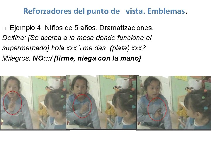 Reforzadores del punto de vista. Emblemas. □ Ejemplo 4. Niños de 5 años. Dramatizaciones.