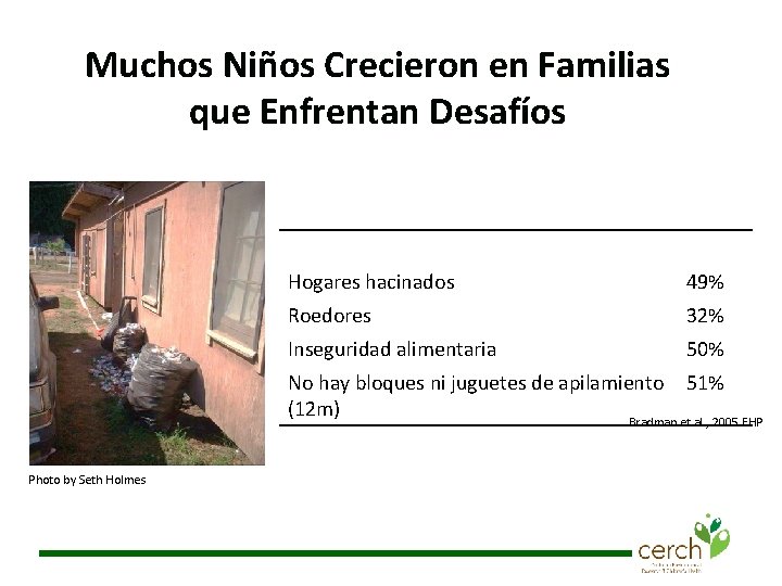 Muchos Niños Crecieron en Familias que Enfrentan Desafíos Hogares hacinados 49% Roedores 32% Inseguridad