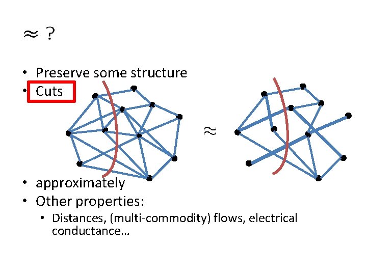  • Preserve some structure • Cuts • approximately • Other properties: • Distances,