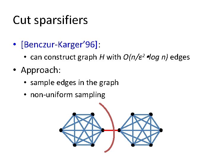 Cut sparsifiers • [Benczur-Karger’ 96]: • can construct graph H with O(n/ε 2 log