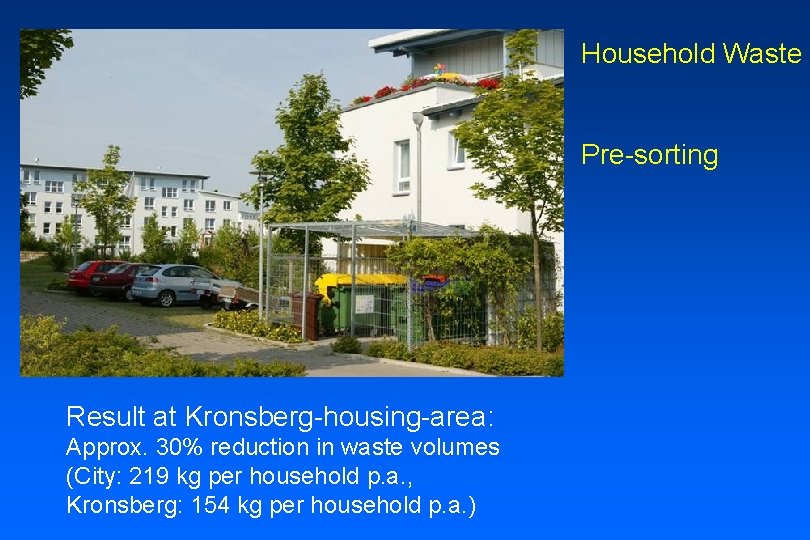 Household Waste Pre-sorting Result at Kronsberg-housing-area: Approx. 30% reduction in waste volumes (City: 219