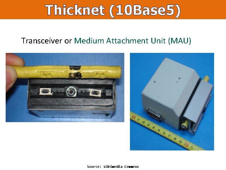 Thicknet (10 Base 5) Transceiver or Medium Attachment Unit (MAU) Source: Wikimedia Commons 