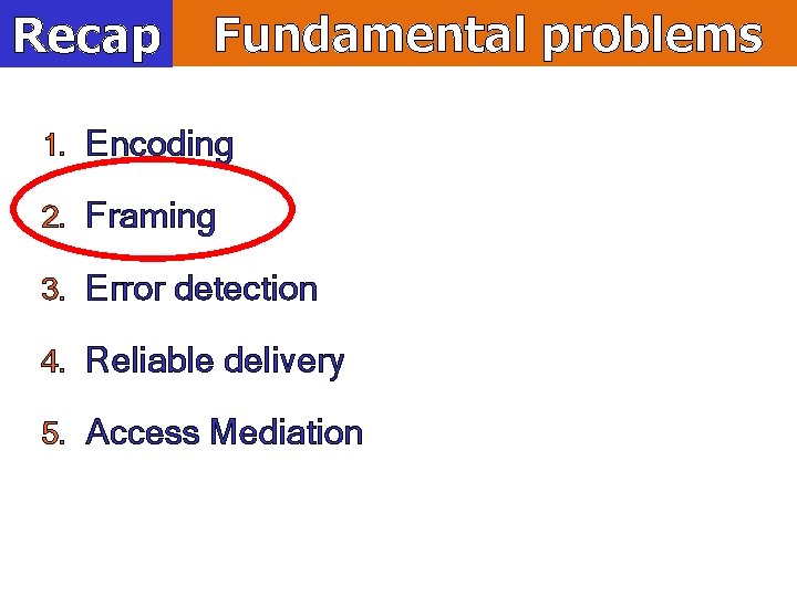 Recap Fundamental problems 1. Encoding 2. Framing 3. Error detection 4. Reliable delivery 5.