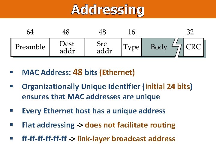 Addressing § MAC Address: 48 bits (Ethernet) § Organizationally Unique Identifier (initial 24 bits)