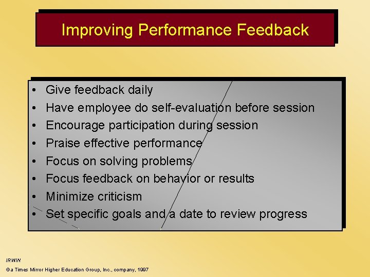 Improving Performance Feedback • • Give feedback daily Have employee do self-evaluation before session Improving Performance Feedback • • Give feedback daily Have employee do self-evaluation before session