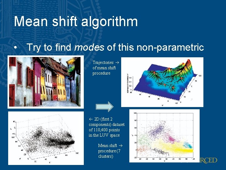 Mean shift algorithm • Try to find modes of this non-parametric density Trajectories of