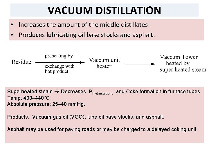 VACUUM DISTILLATION • Increases the amount of the middle distillates • Produces lubricating oil