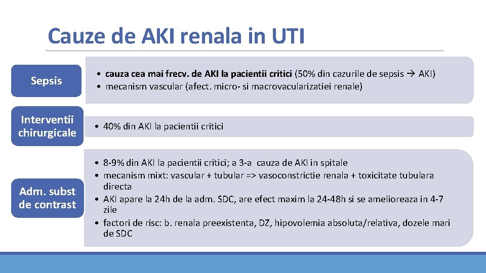 Cauze de AKI renala in UTI Sepsis • cauza cea mai frecv. de AKI Cauze de AKI renala in UTI Sepsis • cauza cea mai frecv. de AKI