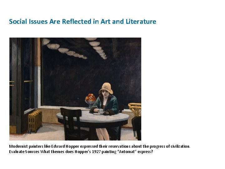 Social Issues Are Reflected in Art and Literature Modernist painters like Edward Hopper expressed Social Issues Are Reflected in Art and Literature Modernist painters like Edward Hopper expressed