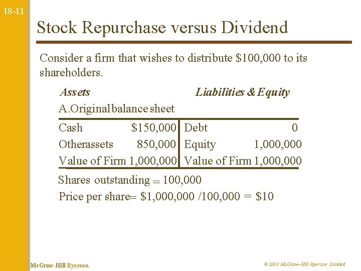 18 -11 Stock Repurchase versus Dividend Consider a firm that wishes to distribute $100,