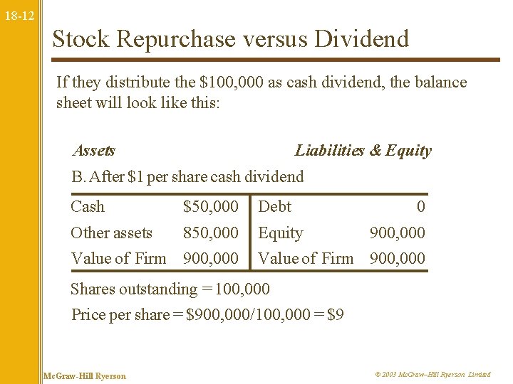 18 -12 Stock Repurchase versus Dividend If they distribute the $100, 000 as cash