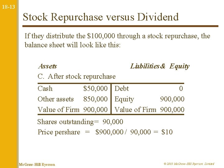 18 -13 Stock Repurchase versus Dividend If they distribute the $100, 000 through a