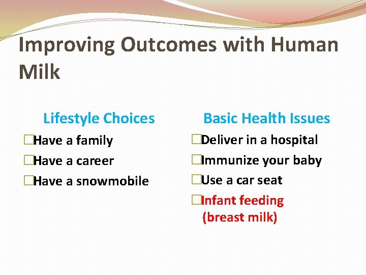 Improving Outcomes with Human Milk Lifestyle Choices �Have a family �Have a career �Have