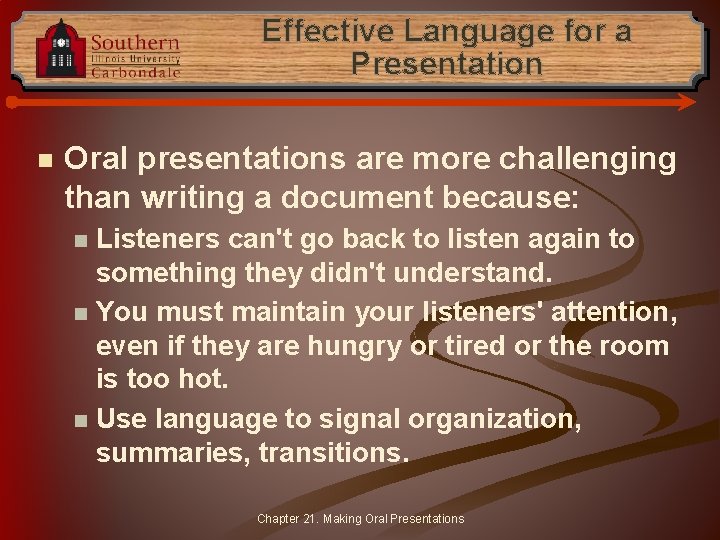 Effective Language for a Presentation n Oral presentations are more challenging than writing a