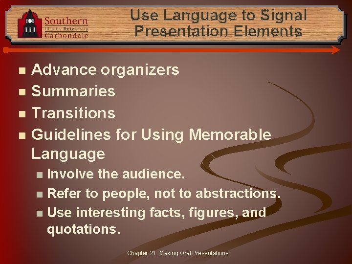 Use Language to Signal Presentation Elements n n Advance organizers Summaries Transitions Guidelines for