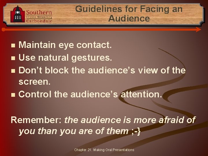 Guidelines for Facing an Audience n n Maintain eye contact. Use natural gestures. Don’t