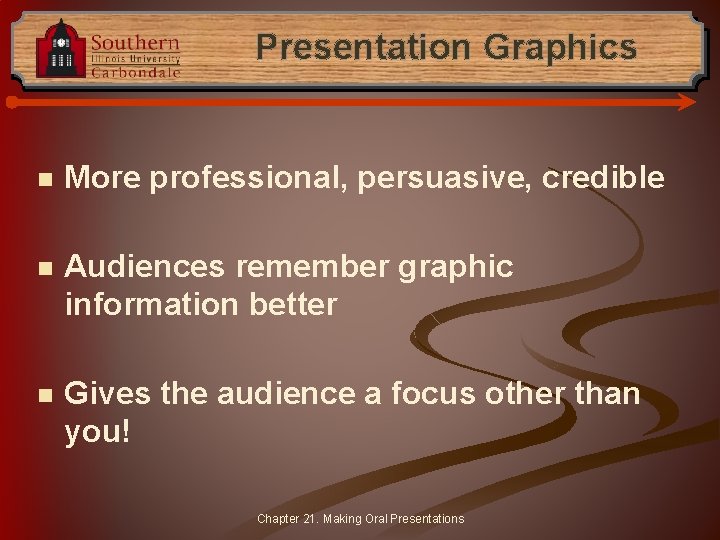 Presentation Graphics n More professional, persuasive, credible n Audiences remember graphic information better n