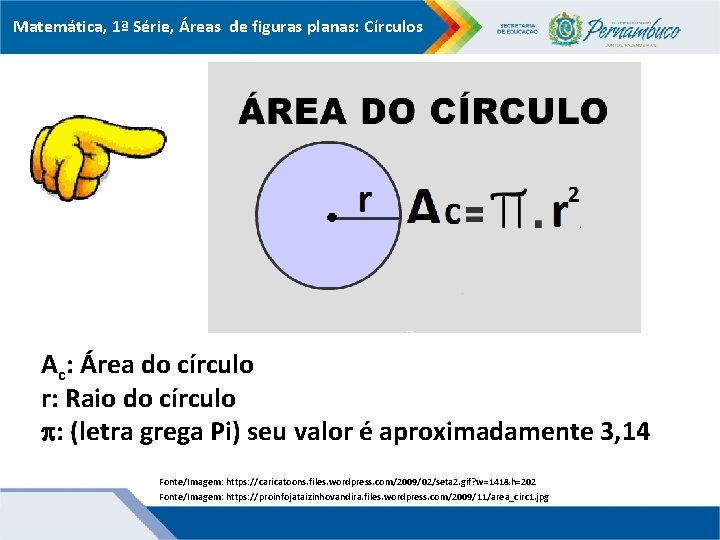 Matemática, 1ª Série, Áreas de figuras planas: Círculos Ac: Área do círculo r: Raio