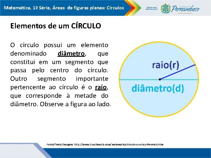 Matemática, 1ª Série, Áreas de figuras planas: Círculos Elementos de um CÍRCULO O círculo