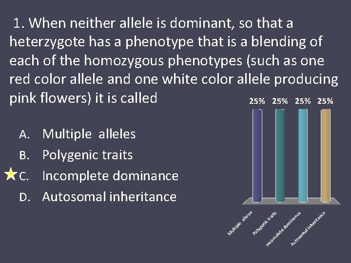 1. When neither allele is dominant, so that a heterzygote has a phenotype that