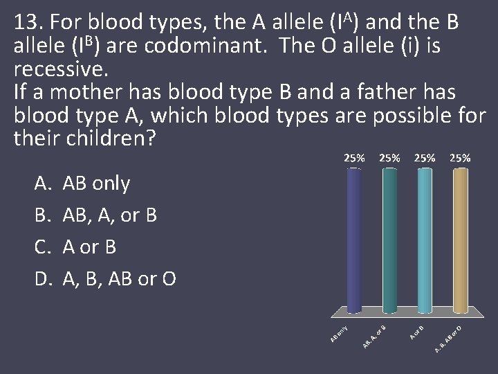 13. For blood types, the A allele (IA) and the B allele (IB) are