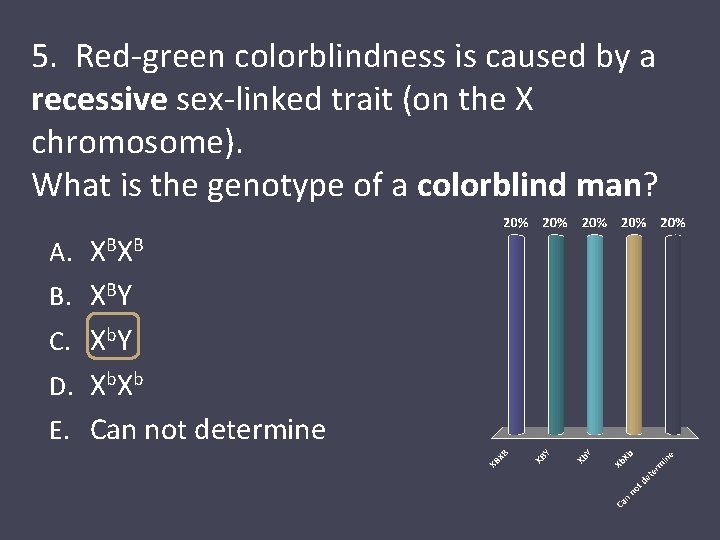 5. Red-green colorblindness is caused by a recessive sex-linked trait (on the X chromosome).