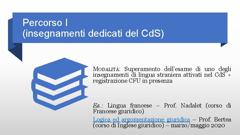 Percorso I (insegnamenti dedicati del Cd. S) MODALITÀ: Superamento dell’esame di uno degli insegnamenti