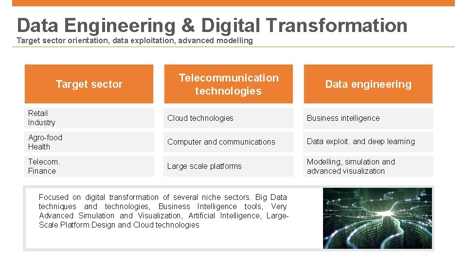 Data Engineering & Digital Transformation Target sector orientation, data exploitation, advanced modelling Target sector