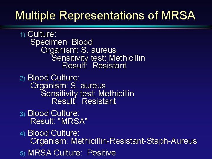 Multiple Representations of MRSA Culture: Specimen: Blood Organism: S. aureus Sensitivity test: Methicillin Result: