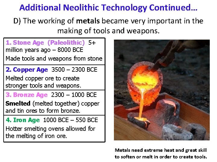 Additional Neolithic Technology Continued… D) The working of metals became very important in the