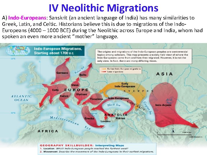 IV Neolithic Migrations A) Indo-Europeans: Sanskrit (an ancient language of India) has many similarities