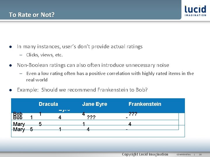 To Rate or Not? In many instances, user’s don’t provide actual ratings – Clicks,