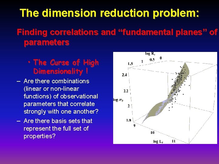The dimension reduction problem: Finding correlations and “fundamental planes” of parameters • The Curse