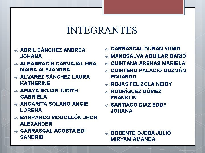 INTEGRANTES ABRIL SÁNCHEZ ANDREA JOHANA ALBARRACÍN CARVAJAL HNA. MAIRA ALEJANDRA ÁLVAREZ SÁNCHEZ LAURA KATHERINE