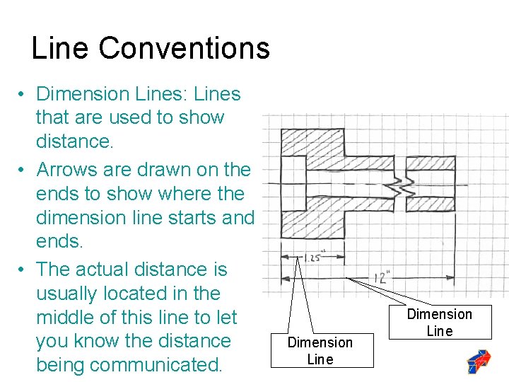 Line Conventions • Dimension Lines: Lines that are used to show distance. • Arrows