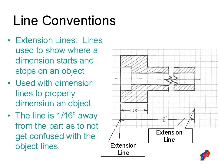 Line Conventions • Extension Lines: Lines used to show where a dimension starts and