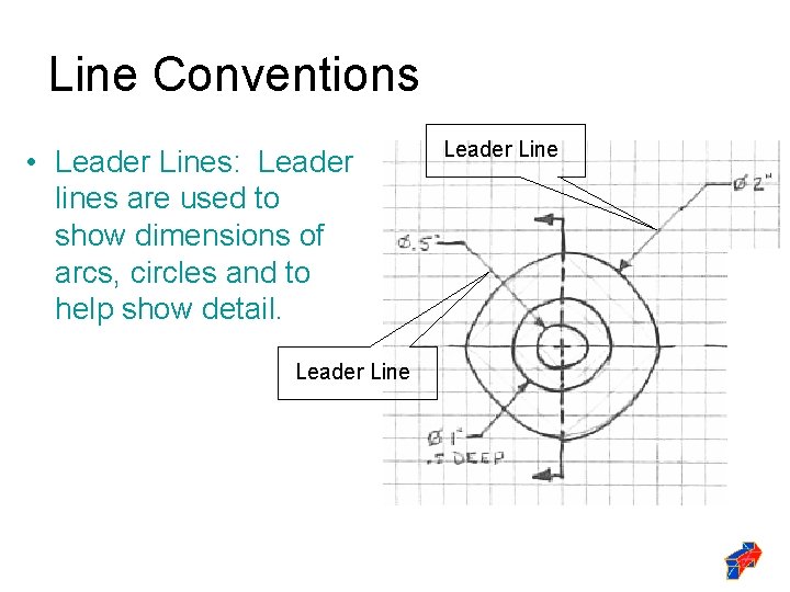 Line Conventions • Leader Lines: Leader lines are used to show dimensions of arcs,