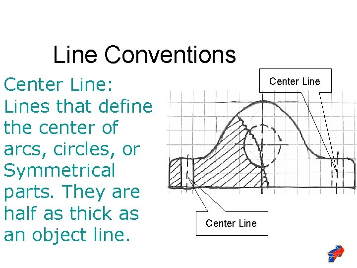 Line Conventions Center Line: Lines that define the center of arcs, circles, or Symmetrical