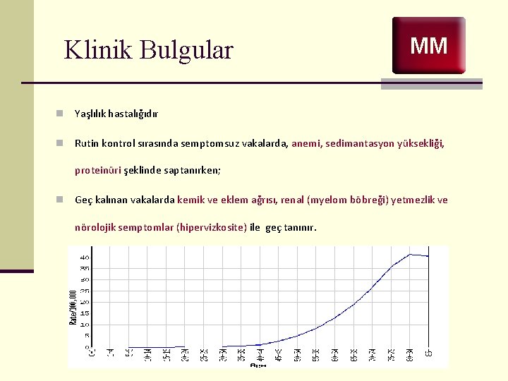 Klinik Bulgular MM n Yaşlılık hastalığıdır n Rutin kontrol sırasında semptomsuz vakalarda, anemi, sedimantasyon