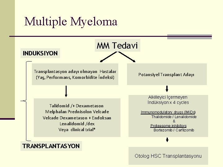 Multiple Myeloma INDUKSIYON MM Tedavi Transplantasyon adayı olmayan Hastalar (Yaş, Performans, Komorbidite İndeksi) Talidomid