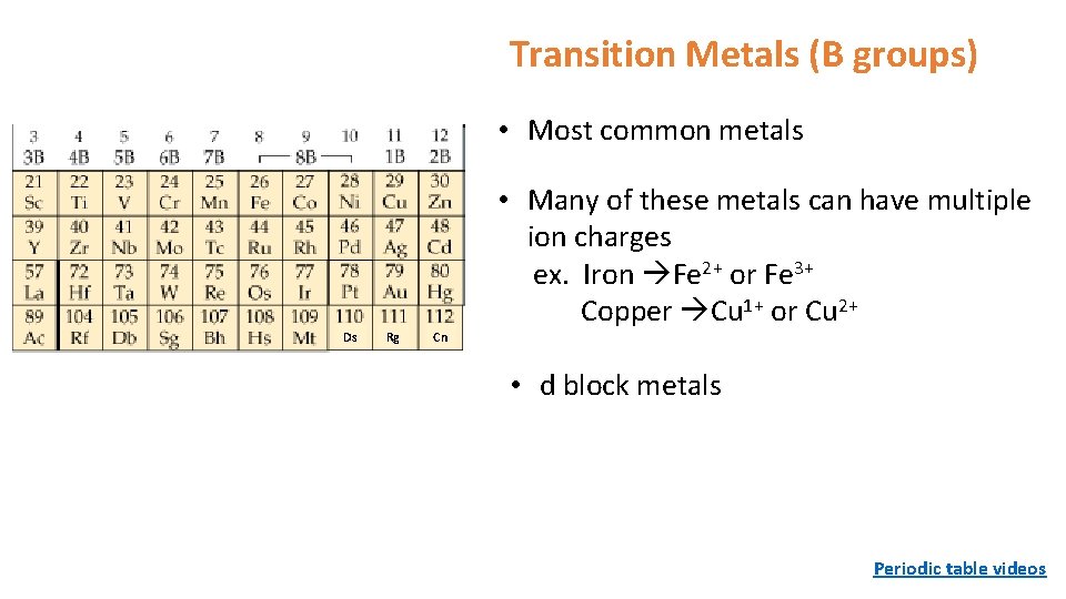 Transition Metals (B groups) • Most common metals Ds Rg Cn • Many of Transition Metals (B groups) • Most common metals Ds Rg Cn • Many of