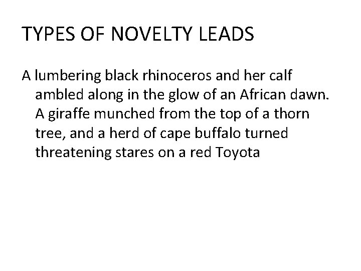TYPES OF NOVELTY LEADS A lumbering black rhinoceros and her calf ambled along in