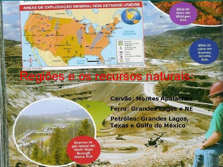 Regiões e os recursos naturais: Carvão: Montes Apalaches Ferro: Grandes Lagos e NE Petróleo: