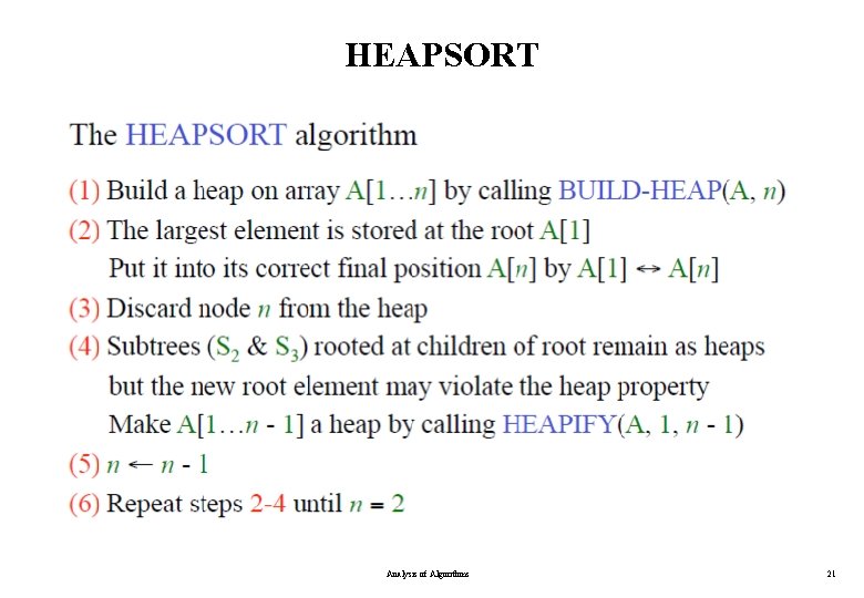 HEAPSORT Analysis of Algorithms 21 